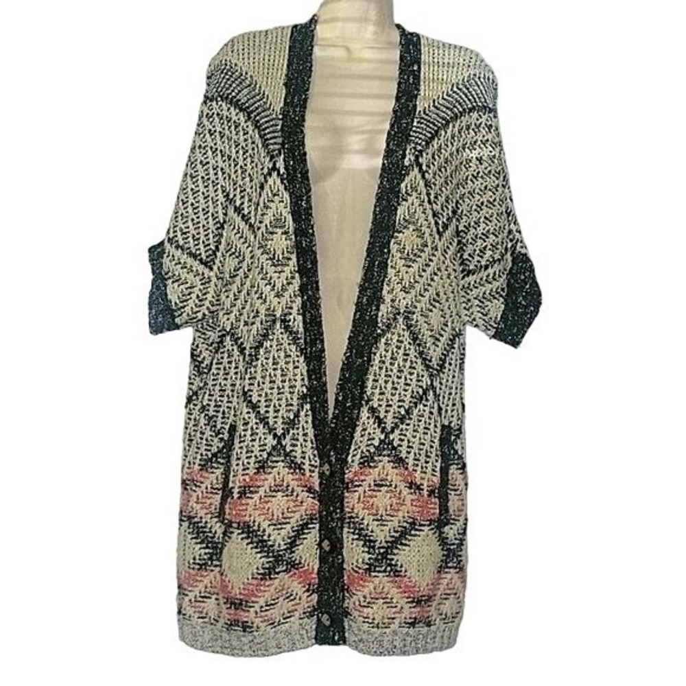 Carol Anderson Geometric Diamond Knit Longline‎ Cardigan Pink Black Cream Medium